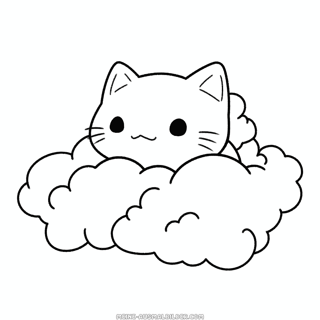 Ausmalbild niedliche katze auf einer wolke