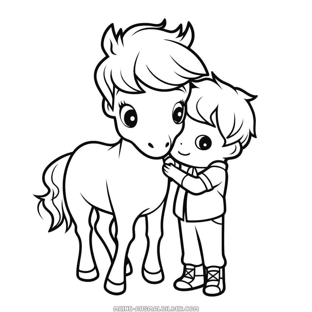 Ausmalbild pferd mit kleinem jungen