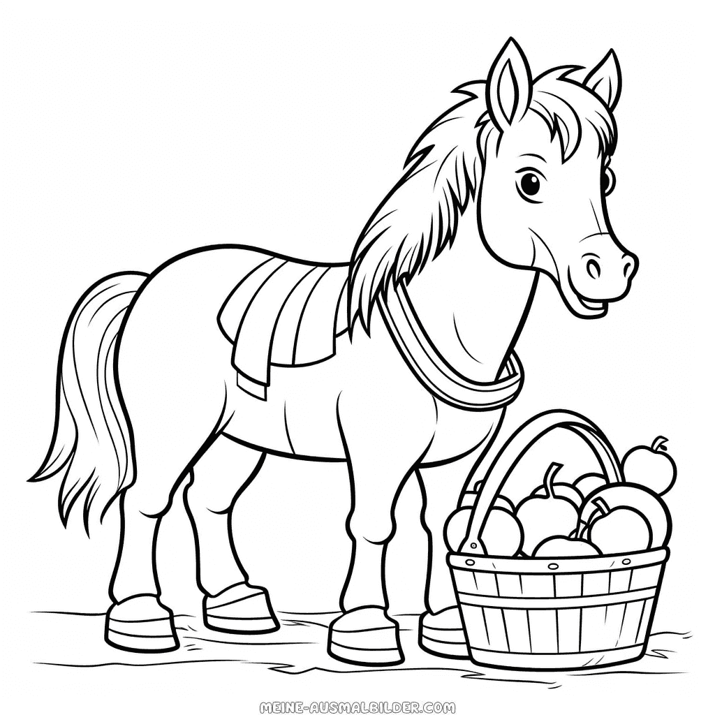 Ausmalbild pferd mit picknickkorb